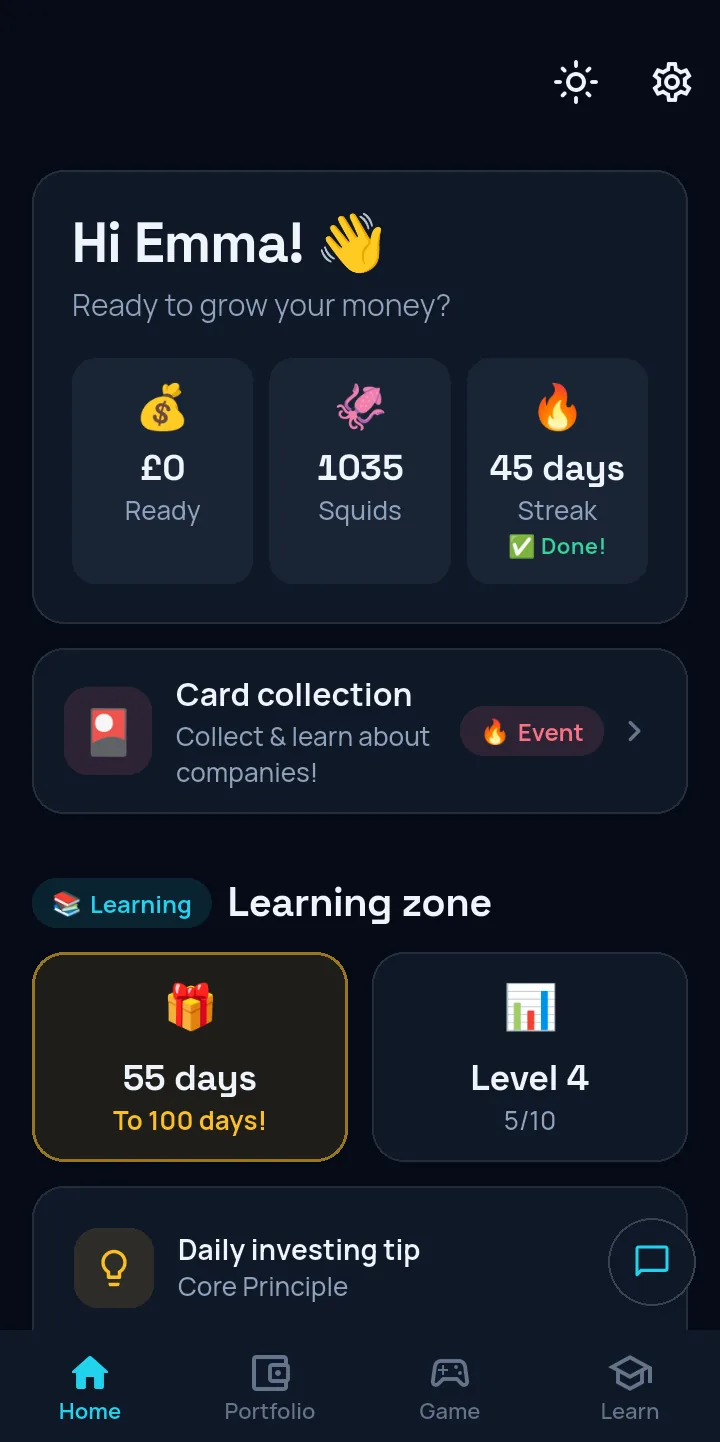 A child’s home screen in the Squids-In app: Squids, a learning streak and the card collection