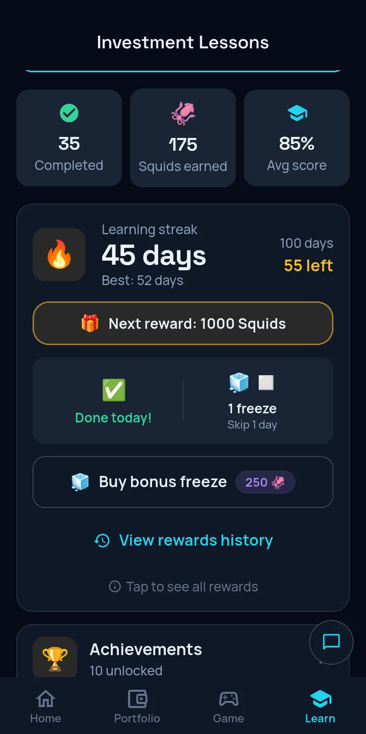 The app’s lessons screen showing lessons completed, Squids earned and a learning streak