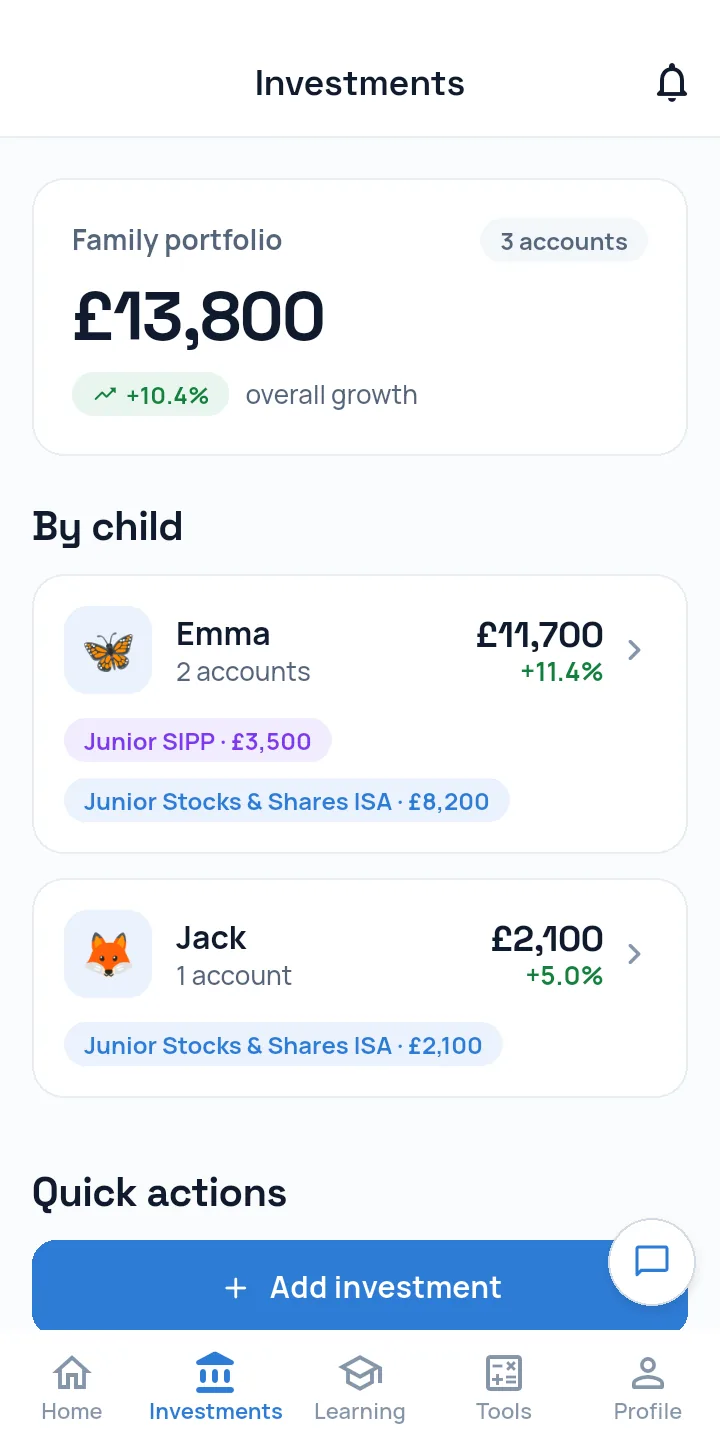 The parent investments screen showing each child’s Junior ISA and Junior SIPP