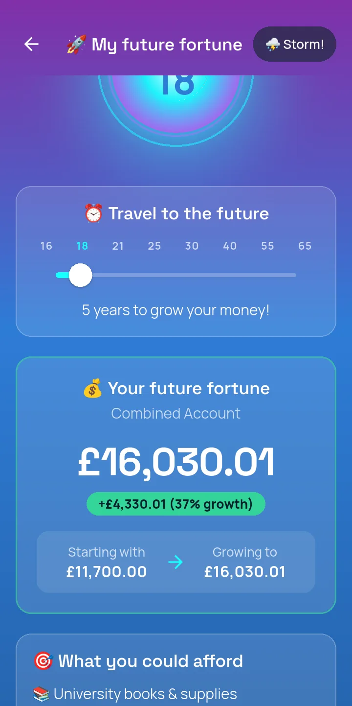 The Time Machine in the app, projecting a demo child’s savings forward to age 18
